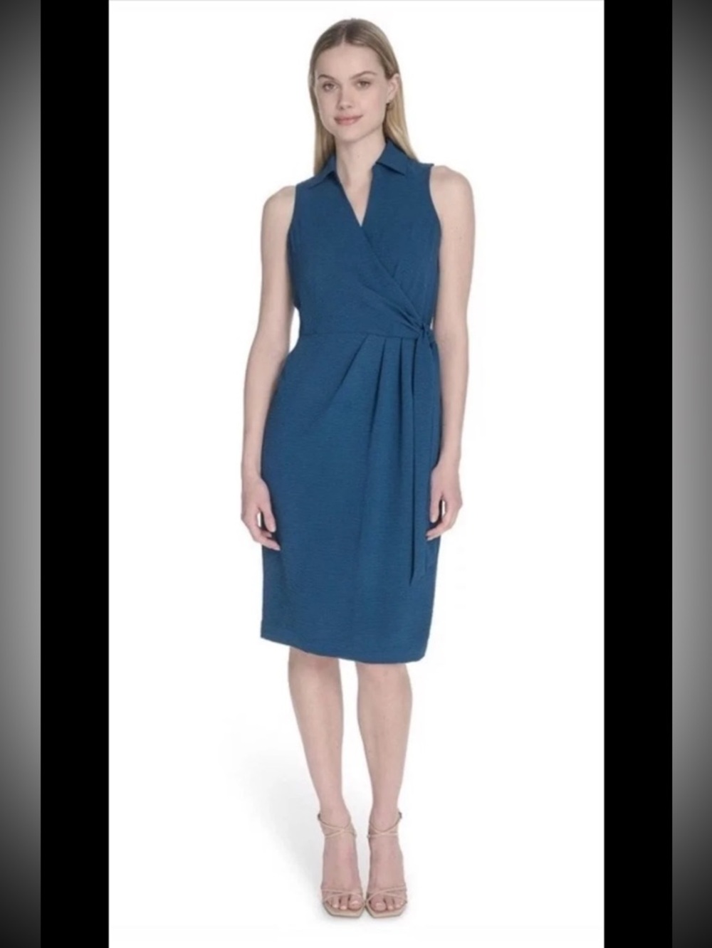 Calvin Klein Teal Sleeveless Wrap Sheath Dress NWT Tie Waist Knee Length Size 12